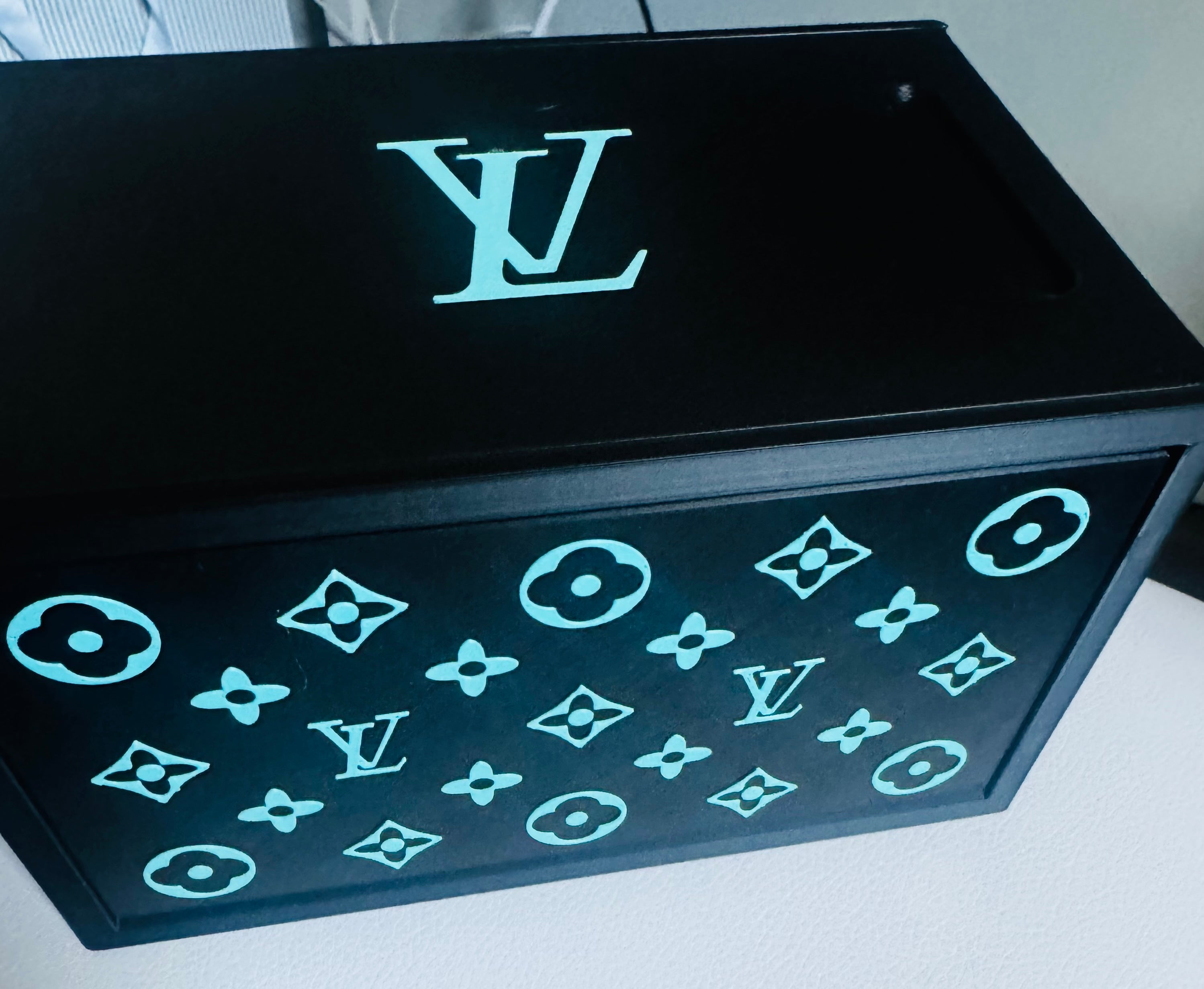 Black/teal multi purpose box with sliding lid
